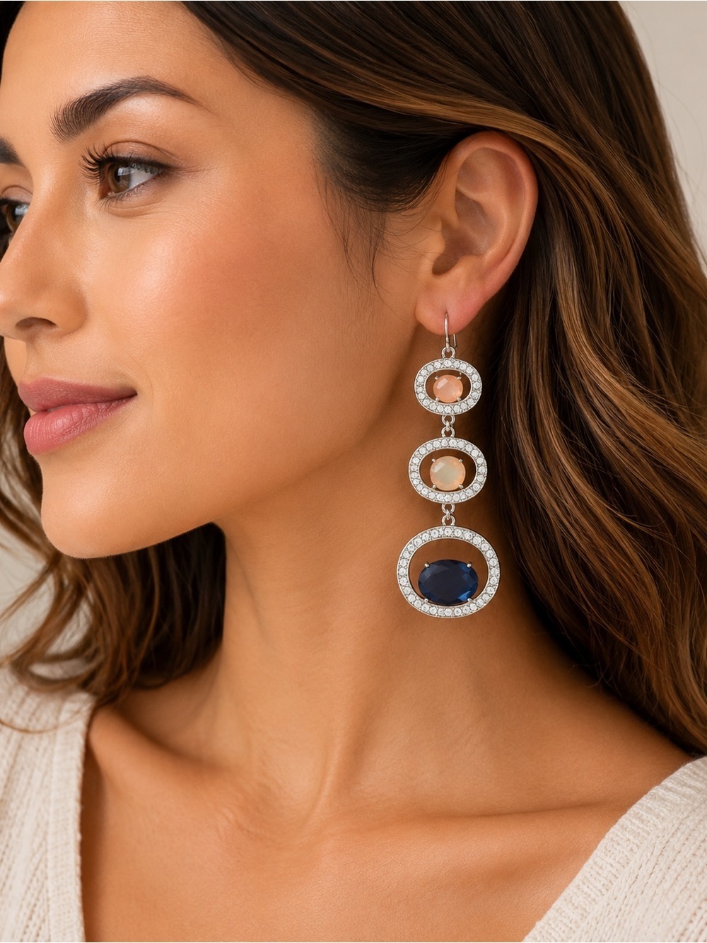 Boho Gold Tone Dusty Pink Blue Rhinestone Triple Hoop Beaded Cascade Earrings